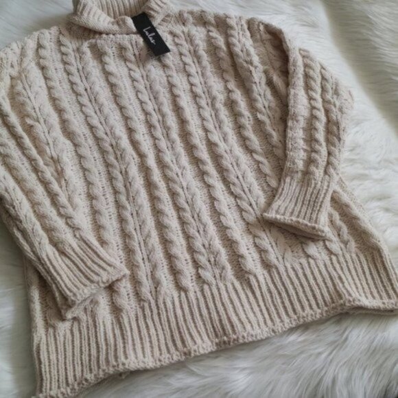 NWT Lulu's Beige Cable Knit Oversized Chunky Turtleneck Sweater Size XS - Picture 6 of 11